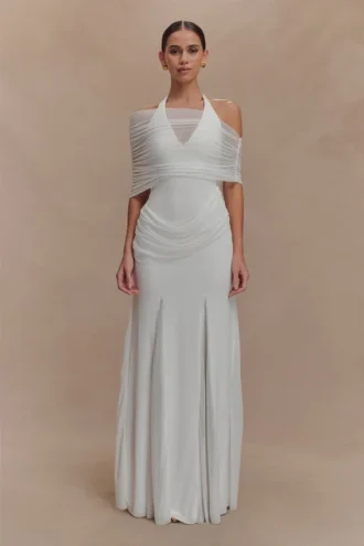Gabrielle Slinky And Mesh Maxi Dress – White