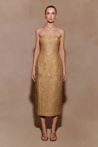 Gala Strapless Tweed Midi Dress – Gold