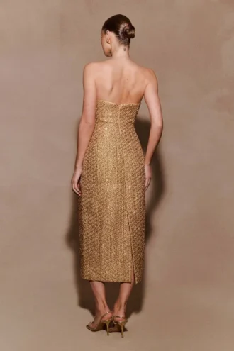 Gala Strapless Tweed Midi Dress – Gold