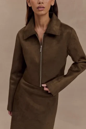 Hayes Faux Suede Collared Jacket – Chocolate