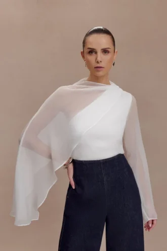 Ida Sheer Asymmetrical Long Sleeve Cape – White
