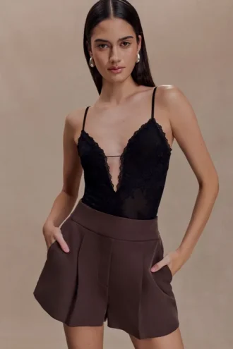 Jasper Sheer Plunge Lace Bodysuit – Black