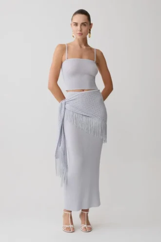 Jaytee Knit Maxi Skirt With Fringe Tie – Sky Blue