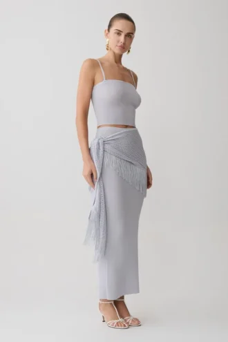 Jaytee Knit Maxi Skirt With Fringe Tie – Sky Blue