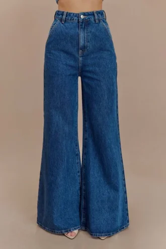 Jen Wide Leg Flare Denim Jeans – Dark Blue