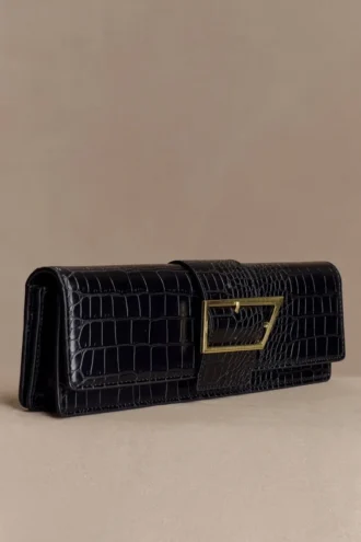 Jessica Faux Leather Crocodile Clutch – Black