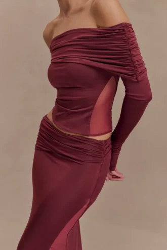 Judy Slinky And Mesh Off Shoulder Top – Wine Judy Slinky And Mesh Off Shoulder Top – Wine