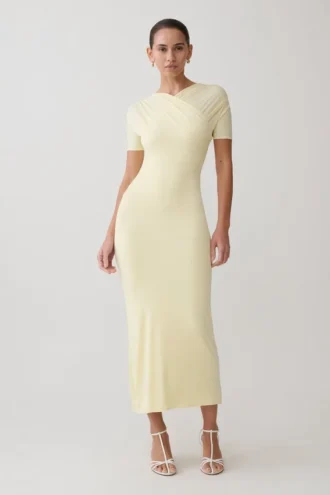 Junie Cross-Over Neck Slinky Maxi Dress – Lemon