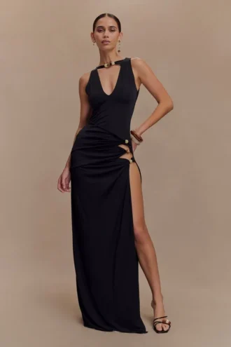 Kaiden Slinky Beaded Maxi Dress – Black