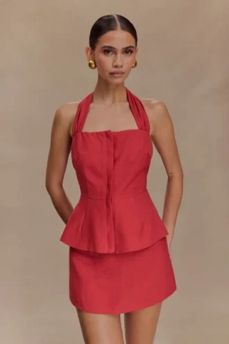 Kallie Linen Peplum Halter Top – Burnt Rose Kallie Linen Peplum Halter Top – Burnt Rose