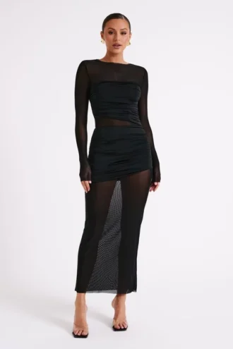 Kate Mesh And Nylon Maxi Dress – Black