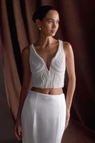 Kathia Pearl Hand Beaded Top – White