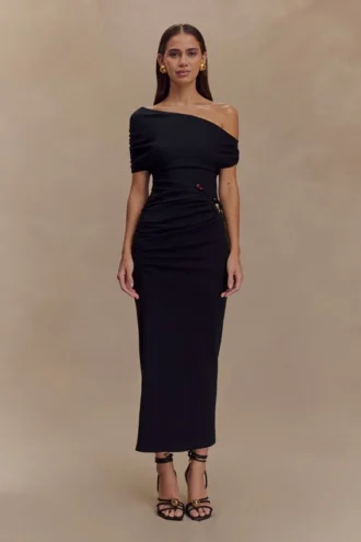 Kendra Scuba Jersey Midi Dress With Hardware – Black
