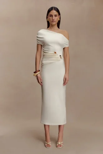Kendra Scuba Jersey Midi Dress With Hardware – Ivory