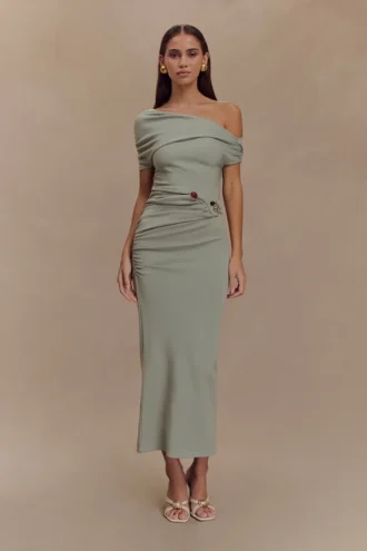 Kendra Scuba Jersey Midi Dress With Hardware – Sage