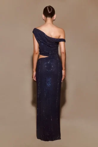 Kenny Diamante One Shoulder Maxi Dress – Navy