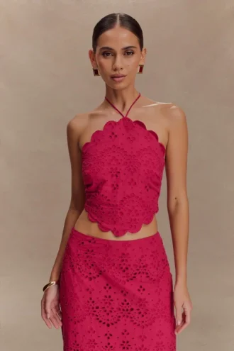 Kensley Broderie Halter Top – Dragonfruit
