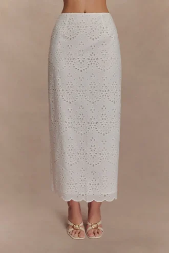 Kensley Broderie Midi Skirt – White