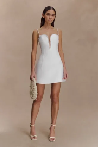 Kingsley Beaded Neckline Mini Dress – Ivory
