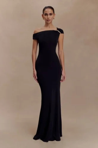 Kinsley Slinky Maxi Dress With Hardware – Black