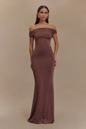 Kinsley Slinky Maxi Dress With Hardware – Chocolate