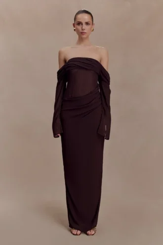 Kirsten Off Shoulder Chiffon Maxi Dress – Cacao Brown