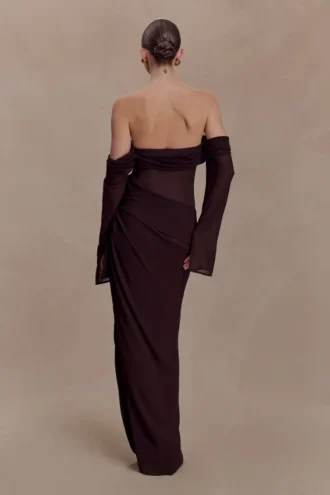 Kirsten Off Shoulder Chiffon Maxi Dress – Cacao Brown