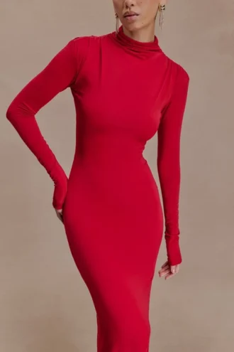 Kiyah Slinky Cut Out Maxi Dress – Red