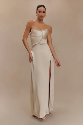 Larissa Satin Maxi Dress With Ruched Petals – Blush Gold