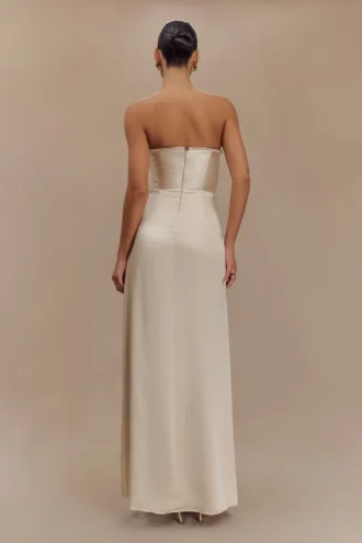 Larissa Satin Maxi Dress With Ruched Petals – Blush Gold