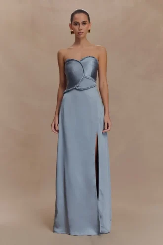 Larissa Satin Maxi Dress With Ruched Petals – Frosted Blue