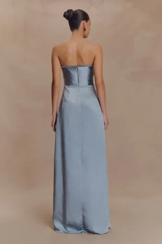 Larissa Satin Maxi Dress With Ruched Petals – Frosted Blue