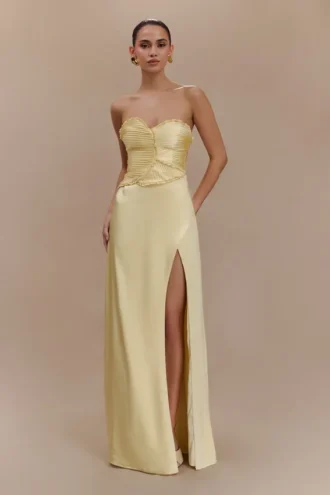 Larissa Satin Maxi Dress With Ruched Petals – Lemon