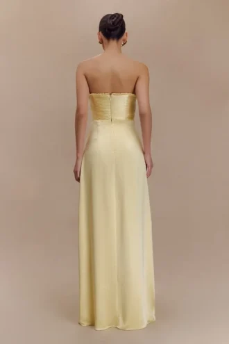 Larissa Satin Maxi Dress With Ruched Petals – Lemon