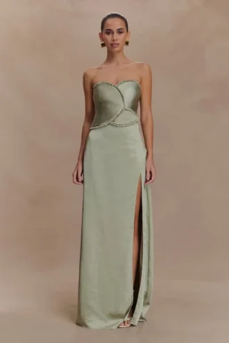 Larissa Satin Maxi Dress With Ruched Petals – Sage