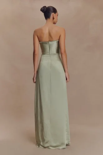 Larissa Satin Maxi Dress With Ruched Petals – Sage