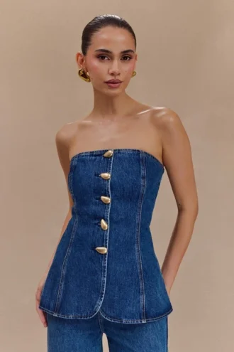 Lennox Strapless Long Line Button Top – Dark Blue