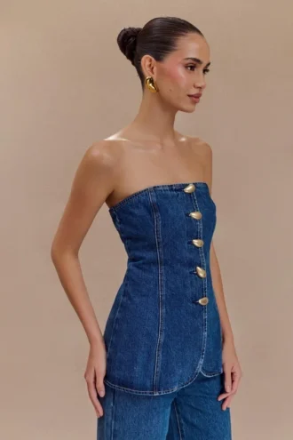 Lennox Strapless Long Line Button Top – Dark Blue
