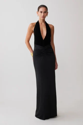 Lien Mesh Velvet Plunge Midi Dress – Black
