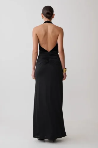 Lien Mesh Velvet Plunge Midi Dress – Black