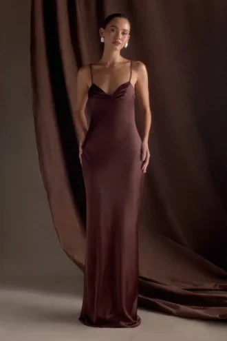 Lilly Sweetheart Satin Maxi Dress – Dark Chocolate