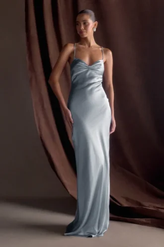 Lilly Sweetheart Satin Maxi Dress – Frosted Blue