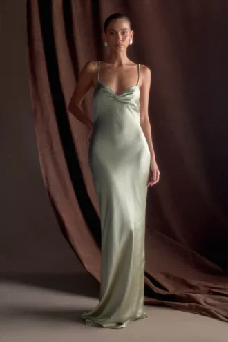 Lilly Sweetheart Satin Maxi Dress – Sage