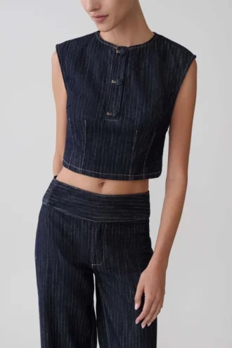 Loraine Sleeveless Denim Top – Indigo Pinstripe