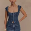 Loretta Cap Sleeve Denim Top – Washed Dark Blue Loretta Cap Sleeve Denim Top – Washed Dark Blue