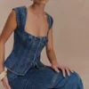 Loretta Cap Sleeve Denim Top – Washed Dark Blue Loretta Cap Sleeve Denim Top – Washed Dark Blue