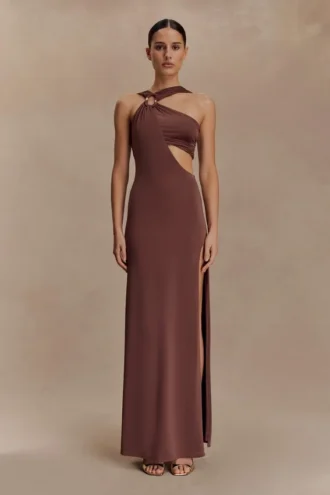 Lottie Slinky Maxi Dress With Split – Chocolate