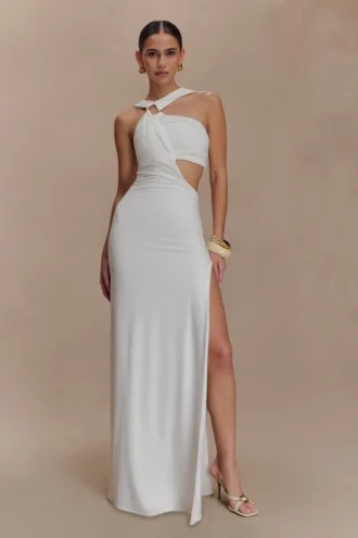 Lottie Slinky Maxi Dress With Split – White