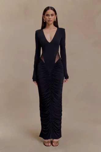 Louanne Slinky Long Sleeve Maxi Dress – Black