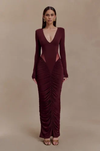 Louanne Slinky Long Sleeve Maxi Dress – Burgundy